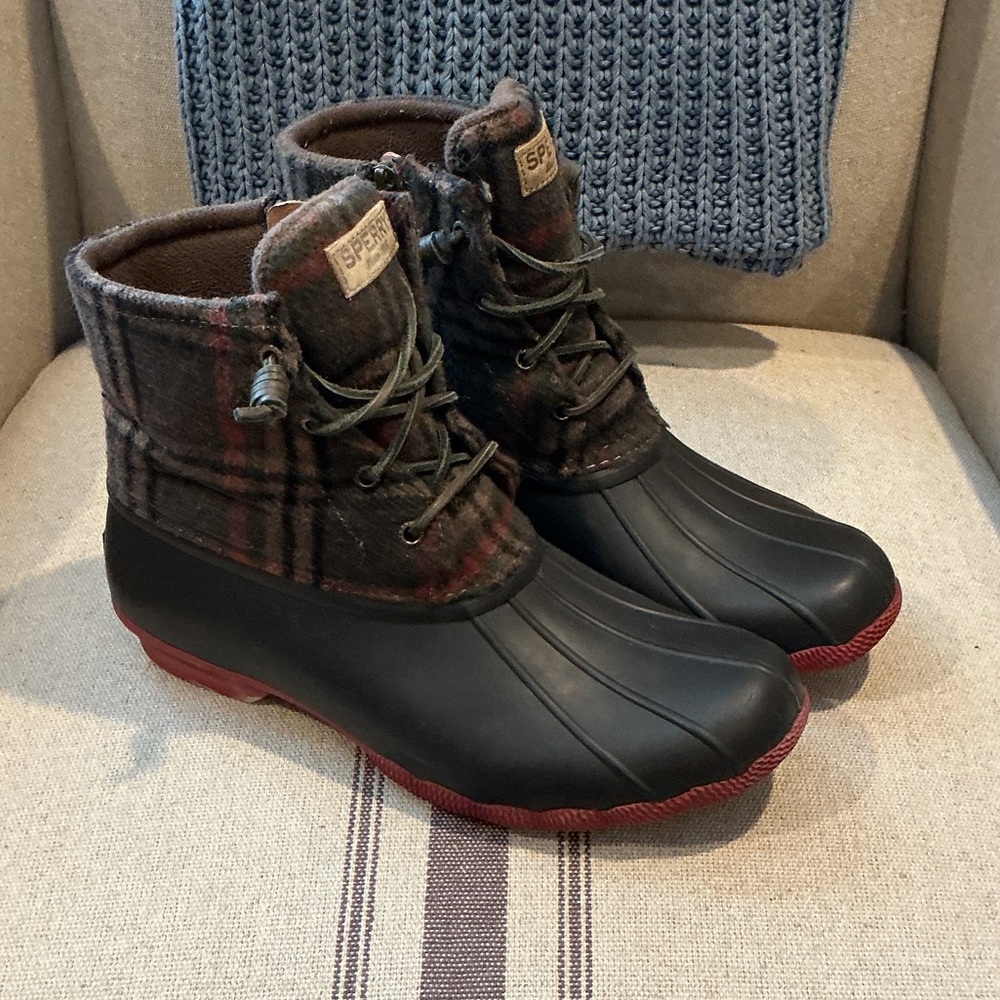 Sperry Plaid and Black Duck Boots with Red Soles